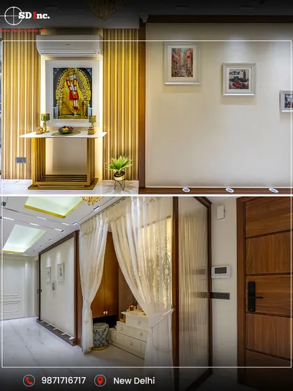 A collage of custom details in a home, including a small mandir with a golden fluted backdrop and a hallway with a custom wooden door and concealed storage. These elements show our attention to detail.