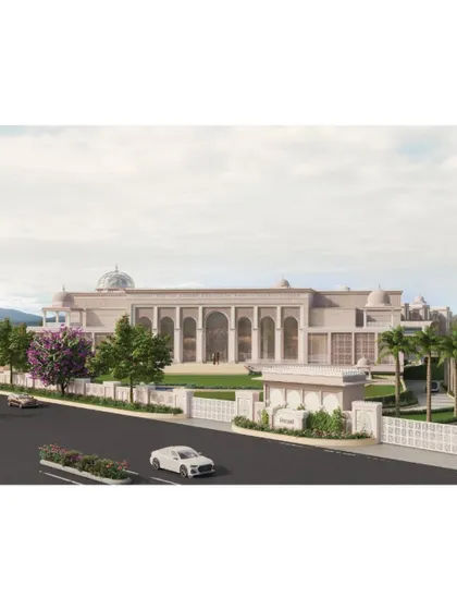 An architectural render illustrating our vision for a grand hotel facade. The design employs classical elements like grand arches and domes, reinterpreted with a modern sensibility to create a timeless and majestic structure that commands presence.