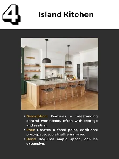 This post in my kitchen series details the Island Kitchen layout, a popular choice that creates a social focal point and adds extra workspace.