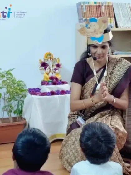 Storyteller Meenu Ssivarmakirishnan captivates the children with a story about Lord Ganesha. We invite guest artists to enrich our cultural celebrations and provide unique learning experiences.