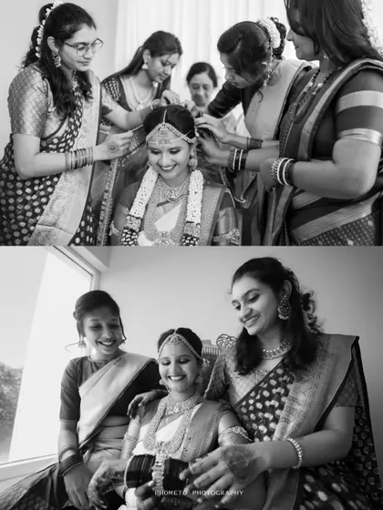 A black and white collage showing the bride getting ready with her bridesmaids, a testament to friendship and support.