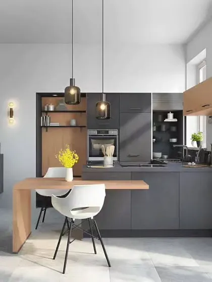 This design features a floating dining table attached to the kitchen counter, creating a unique and space-saving solution. The mix of grey and wood tones is modern and sophisticated.