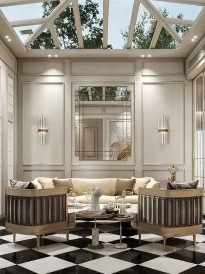 These renders depict a sunroom or conservatory with a classic checkered floor and a glass ceiling. We've focused on capturing the bright, airy quality of the space and the elegant, traditional-meets-modern decor.
