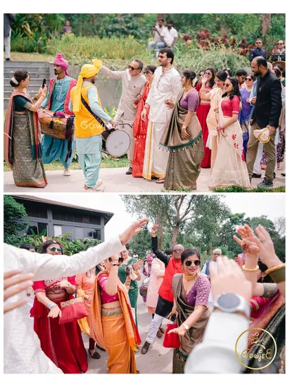The groom's baraat procession, full of dancing and music from dhol players.
