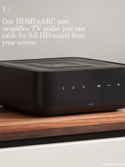 The Denon Home Amp simplifies TV audio with a single HDMI eARC port. One cable is all it takes to get full HD sound from your screen, demonstrating its focus on seamless integration.