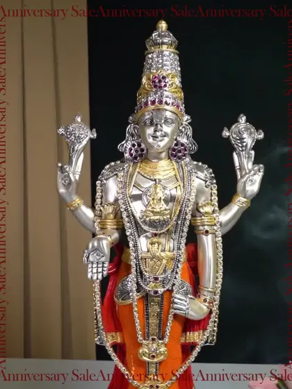 A magnificent silver-plated idol of Lord Balaji, featured in my anniversary sale. The intricate ornamentation and divine posture capture the spiritual essence of the deity, making it a grand addition to any home temple.