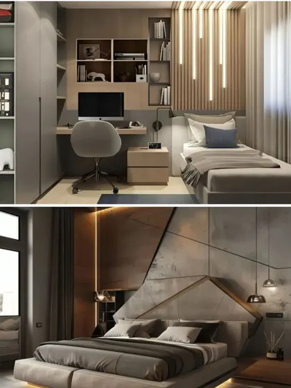 A collage showing two modern bedroom concepts. One is a compact room with an integrated study, while the other is a master bedroom with a bold, geometric headboard wall.