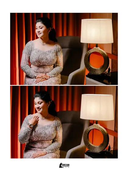 A diptych of bride Airika seated elegantly, showcasing her poise and the beautiful details of her cocktail attire.