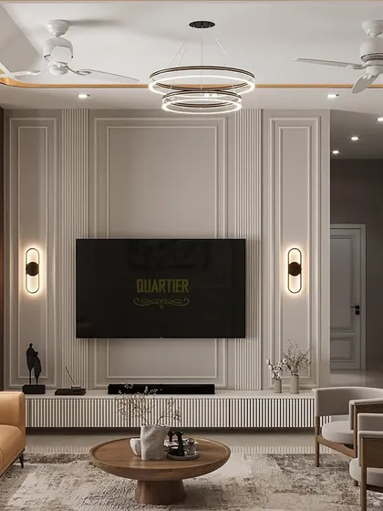 A 3D visualization of a TV unit wall, featuring classic paneling and integrated display shelving. This design ensures that functional elements like the television are seamlessly blended into the overall elegant aesthetic of the living room.