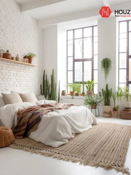 This bedroom showcases a biophilic and bohemian design trend. The exposed brick wall, numerous potted plants, and natural fiber rug create a bright, airy, and relaxing space that feels connected to the outdoors.