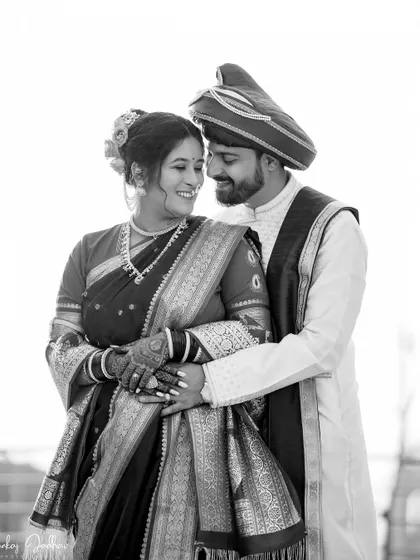 A timeless black and white portrait of the couple, highlighting their emotional connection.