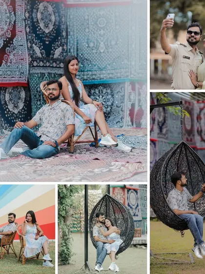 This collage highlights some of our most unique and fun sets, including a colorful carpet backdrop, a rainbow-striped wall, and a cozy swing chair.