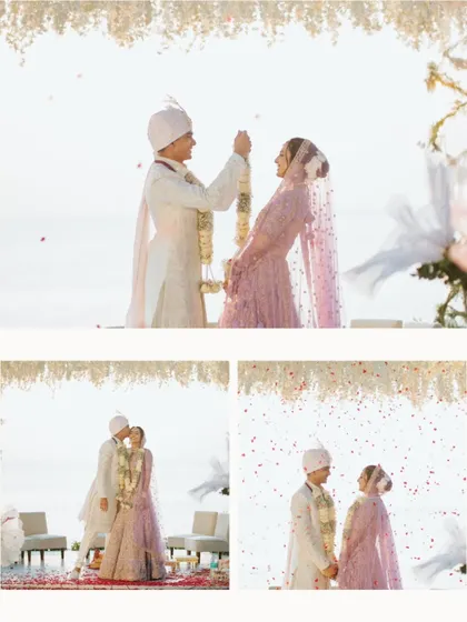 A beautiful sequence from a beachside wedding ceremony, capturing the garland exchange and a quiet moment together.