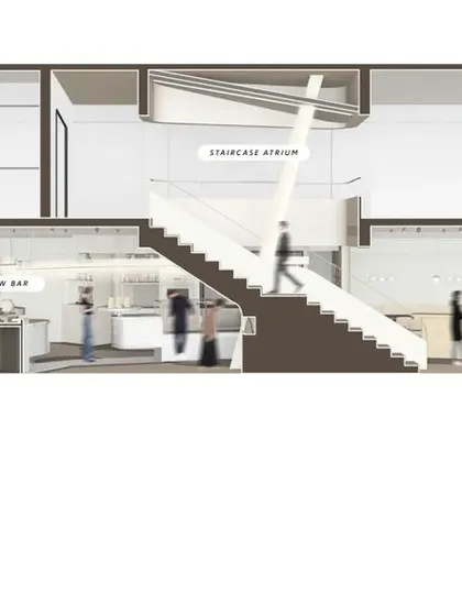 A sectional drawing of the cafe, illustrating the division of space between the public-facing experiential area on the ground floor and the admin and bakery on the floor above.