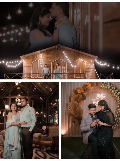 This collage showcases the magic of our night sets, from a cabin with string lights and a "Better Together" neon sign to an elegant glasshouse interior.