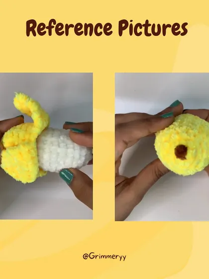 This graphic shows some reference pictures for my free no-sew banana pattern. It's a quick project that only takes about 30 minutes.