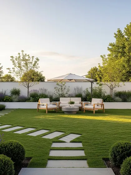 An example of our minimalist garden design, featuring a pristine natural lawn sectioned by a clean, modern pathway of stone pavers. The design incorporates carefully selected shrubs and a dedicated seating area for a calm, uncluttered aesthetic.