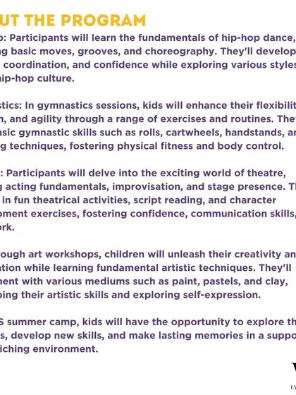 Here we detail what kids learn in each part of our summer program. From hip-hop fundamentals and basic gymnastic skills to theatre improvisation and artistic self-expression, the focus is on building confidence and skills in a fun way.