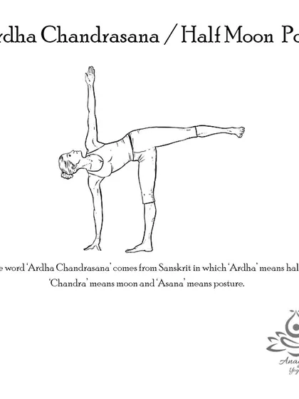 Ardha Chandrasana (Half Moon Pose) is a balancing pose that enhances spinal flexibility, stretches the chest, and strengthens the legs and core.