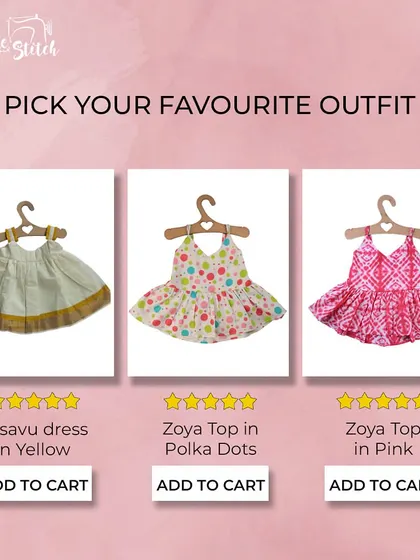Which one would you pick? This graphic lets you choose between a traditional Kasavu dress, a polka dot top, or a pink shibori top, showcasing the variety in my collection.