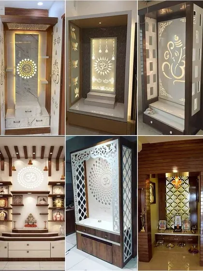 A collage of various pooja room and mandir designs I can create. This shows the range of styles, from traditional wood carvings to modern backlit panels.