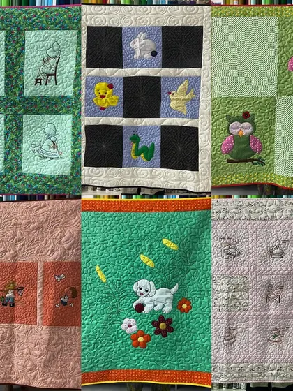 A collage of six different baby quilts, showcasing a variety of appliqué and embroidery styles, from owls to gnomes.
