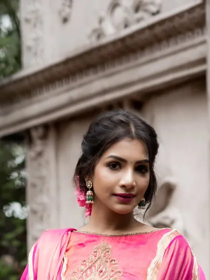 A beautiful blend of tradition and modernity. This off-white hand-painted Mangalagiri silk pleated lehenga is paired with a contemporary pink blouse with dramatic bishop sleeves.