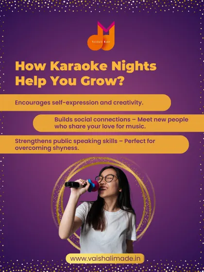 This graphic is a fun post about our Karaoke Nights special. It highlights the personal growth benefits of karaoke, such as self-expression, social connection, and overcoming shyness.