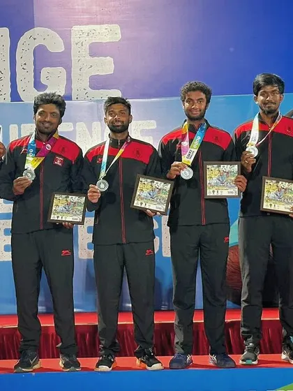 Our player Oges with his Tamil Nadu teammates after winning the silver medal at the National Games in Goa.