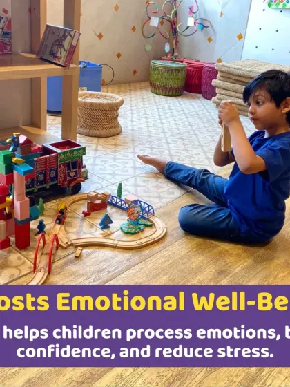 A boy engrossed in creating a world with his wooden train set and blocks. This kind of open-ended play is crucial for boosting emotional well-being and reducing stress.