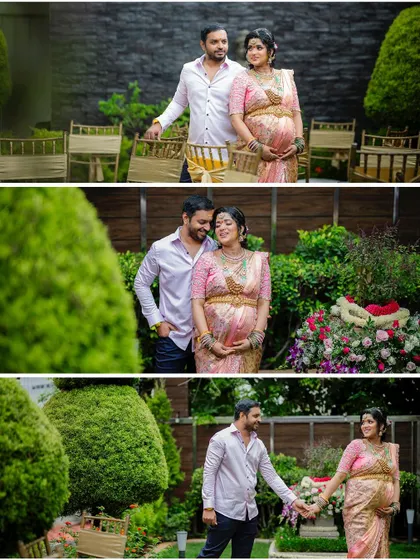 A collage capturing the joy and love of a maternity shoot. The mother-to-be is glowing in her beautiful pink saree.