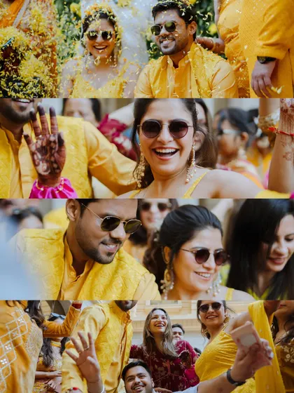 A collage of vibrant moments from a Haldi in Kanpur, from flower showers to candid couple smiles.