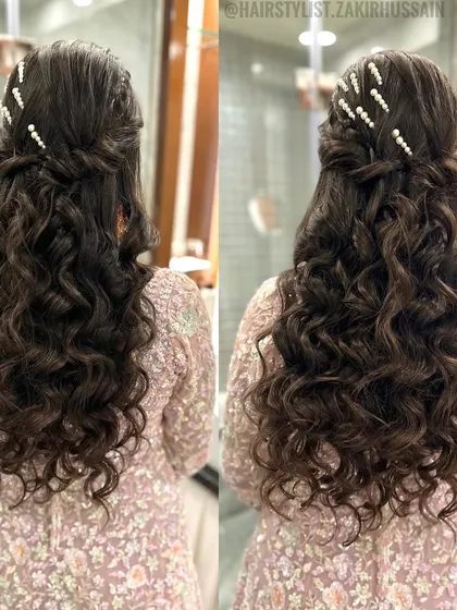A collage showing the pearl-accented half-updo from different angles.
