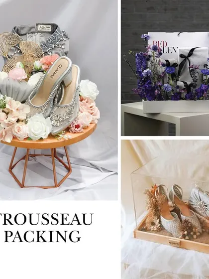 Trousseau packing is an art form we've perfected. This collage displays our expertise in creating stunning presentations for bridal gifts, using floral arrangements, acrylic cases, and elegant platters.
