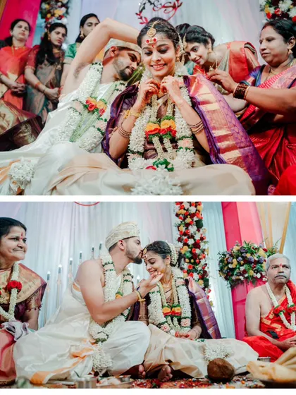 A collage of emotional and intimate moments from a wedding ceremony, including the tying of the mangalsutra.
