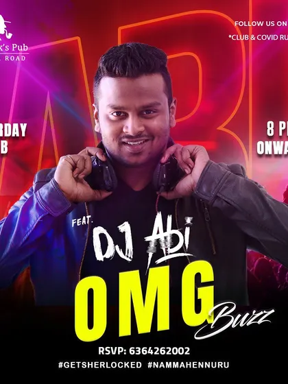 OMG Buzz' at Sherlock's Pub, Hennur. The branding shows the fun, high-energy nights I host.