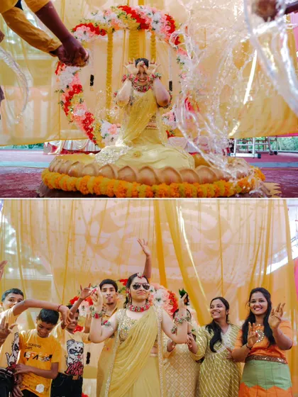 A collage capturing the fun and celebration of a Haldi ceremony, with the bride and her friends enjoying the moment.