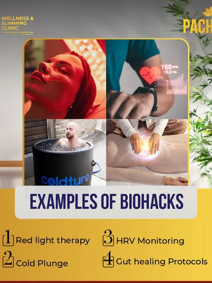 Examples of biohacks include red light therapy for skin health, cold plunges for inflammation, HRV monitoring for stress, and gut healing protocols for overall wellness.