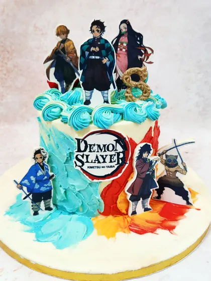 We capture the action of the popular anime with this Demon Slayer theme cake. Featuring key characters like Tanjiro and Nezuko set against a backdrop of abstract buttercream art, this cake brings the world of demon slaying to your celebration with artistic flair.