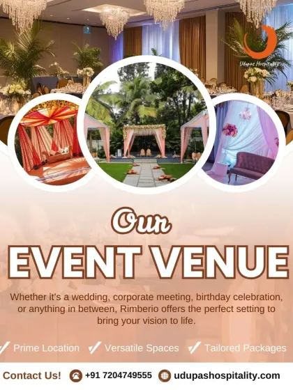 A collage of our versatile event venues, perfect for any occasion. From a traditional wedding mandap and an outdoor setup to a formal banquet hall, we offer the perfect setting to bring your vision to life.