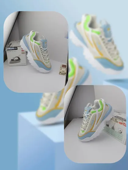 A collage showing the raw setup shots for a Fila sneaker ad, before they are composited and edited into the final image.