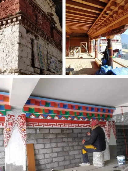 A collage showing the intricate craftsmanship at Jhamtse Gatsal. It features traditional stone and plaster work, carved wooden beams, and an artisan painting colorful patterns, highlighting the integration of local craft.