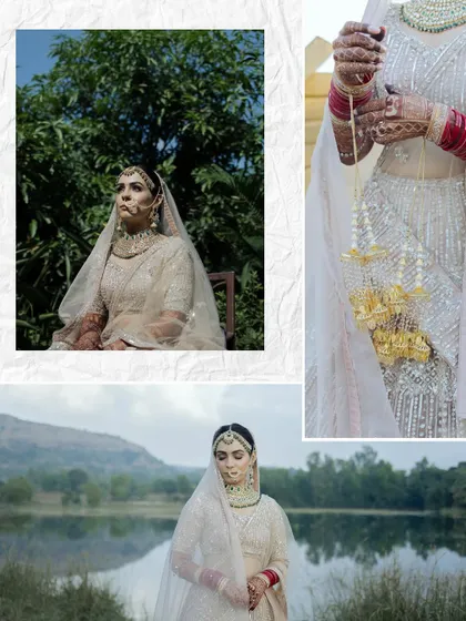A collage of a bride in her white lehenga, capturing her elegance and the beauty of the outdoor location. These portraits have a dreamy and ethereal quality.