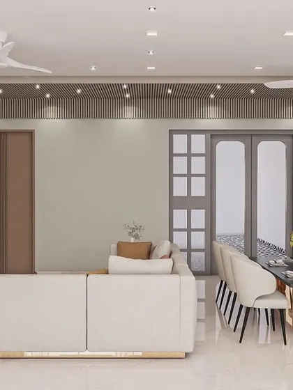 This wide-angle view demonstrates my approach to space planning in a large apartment. I positioned the L-shaped sofa to create a clear walkway to the dining area, ensuring the layout is practical for daily life and for hosting guests.