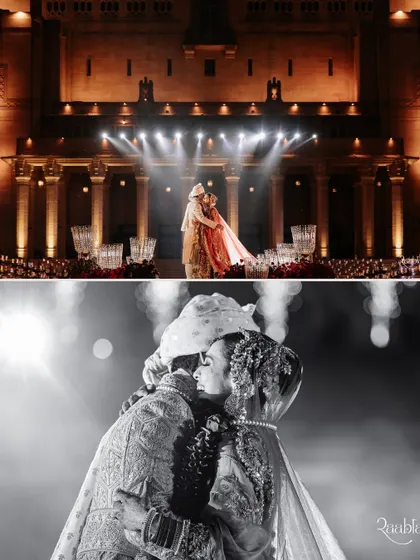 A collage of powerful moments from a royal wedding at Umaid Bhawan Palace, from the grand stage to the intimate embrace.