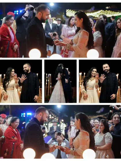 A collage of the ring ceremony, capturing the key moments of the exchange, the kiss, and the couple's happy reactions, all surrounded by their loved ones.