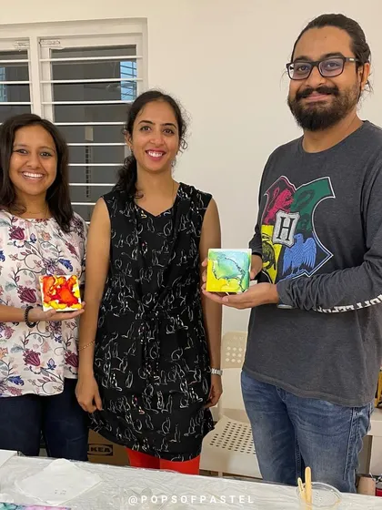 This couple celebrated their anniversary with a private alcohol ink workshop, creating personalized coasters. A perfect way to craft memories together.