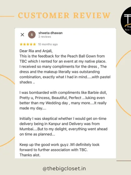 I love hearing from my happy clients! This wonderful review shares how our peach ball gown made her feel like a princess and praises our on-time delivery, even to another city. Customer satisfaction is my top priority.