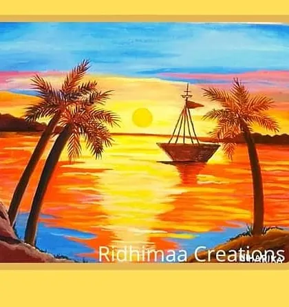 This vibrant sunset scene with a boat and palm trees is an example of the acrylic paintings I teach in my online workshops. It demonstrates techniques like color blending and creating reflections on water.