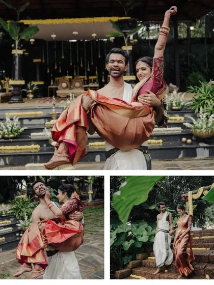 A fun and playful collage of the couple after their ceremony. The groom lifting his bride is a classic shot, and their laughter makes it a perfect memory of their joyful celebration.